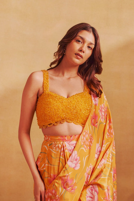 Beaded Bustier + Pre-stitched Sari Set in Avya