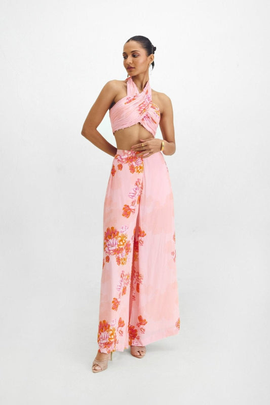 Micro Pleated Crop Top + Flared Pant Set In Kyra