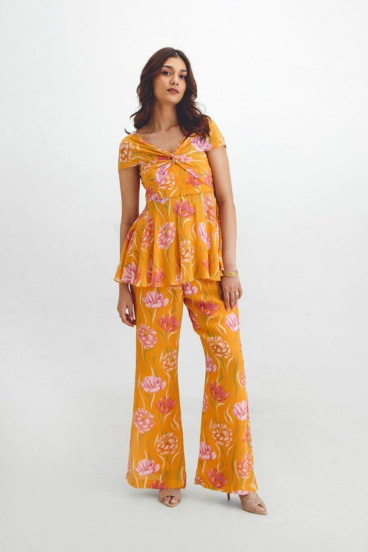 Draped Peplum Top + Retro Pant Set In Avya