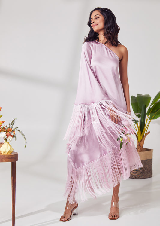 One shoulder fringe dress - Lilac